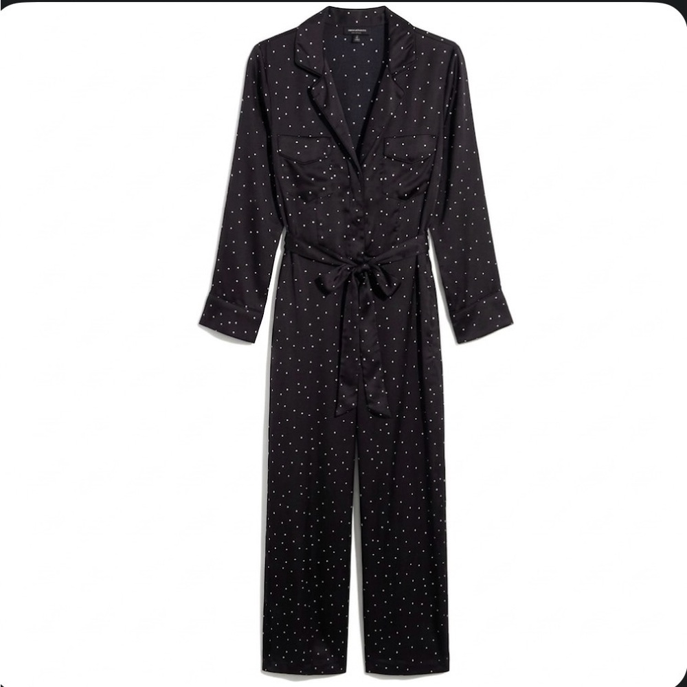 Lucky Brand Polka Dot Jumpsuit Black White Long Sleeve Belted Satin Feel S